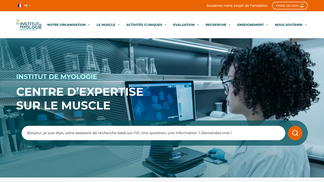 Page d'accueil du site de l'Institut de Myologie, avec l'assistant de recherche Myo